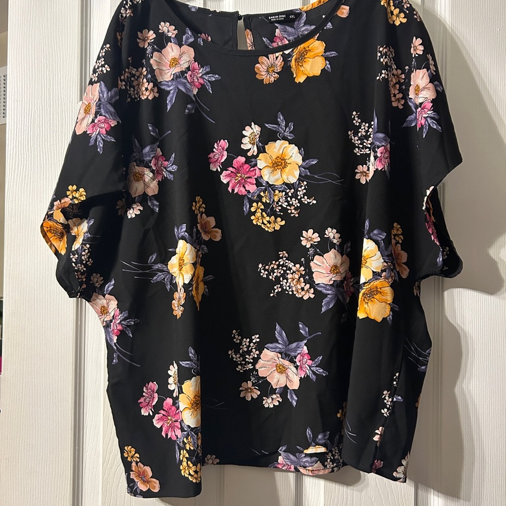 SHEIN Black Floral Short-Sleeve Blouse with Yellow & Pink Flowers